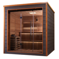 Golden Designs Bergen 6-person traditional sauna with wooden interior and glass door, suitable for outdoor or indoor use.