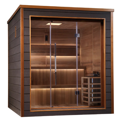 Golden Designs Bergen 6-person traditional sauna with wooden interior and glass door, suitable for outdoor and indoor use.