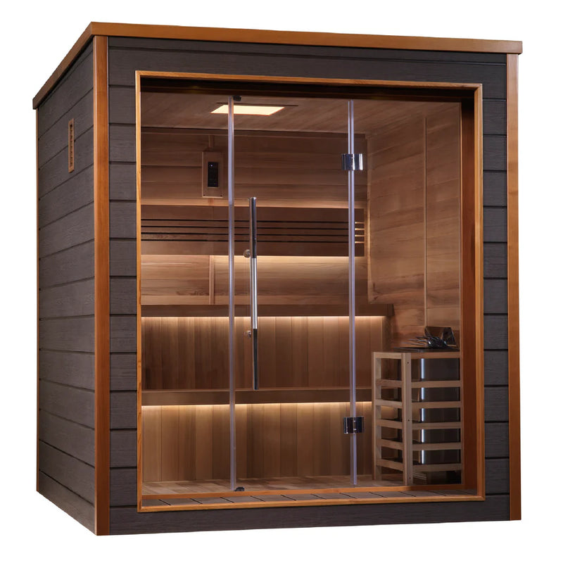 Golden Designs Bergen 6-person traditional sauna with wooden interior and glass door, suitable for outdoor and indoor use.