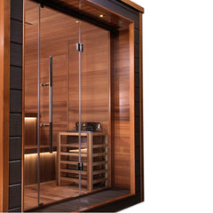 Golden Designs Bergen 6-person traditional sauna with wooden interior and glass door, designed for outdoor and indoor use.