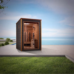 Golden Designs Sundsvall 2-person traditional sauna with wooden interior and glass door, ideal for home relaxation.