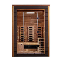 Golden Designs Sundsvall 2-person traditional sauna with wooden interior and glass door, designed for home relaxation.