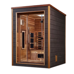 Golden Designs Sundsvall 2-person traditional sauna with wooden interior and glass door, showcasing the compact design and natural wood finish.