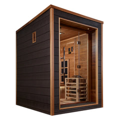 Golden Designs Sundsvall 2-person traditional sauna with wooden interior and glass door, designed for home relaxation.