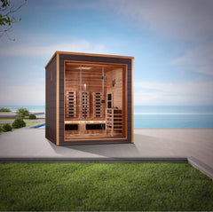 Golden Designs Visby 3-person hybrid sauna with full spectrum lighting, indoor and outdoor use, featuring sleek wooden panels.