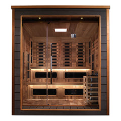Golden Designs Karlstad 6-person indoor-outdoor PureTech™ Hybrid sauna with full spectrum lighting and wooden interior.