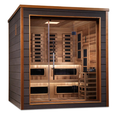 Golden Designs Karlstad 6-person hybrid full spectrum sauna with wooden interior and full glass doors