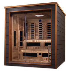 Golden Designs Karlstad 6-person hybrid sauna with full spectrum lighting, indoor and outdoor use, featuring PureTech™ technology.