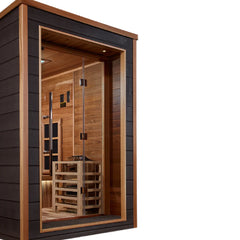 Golden Designs Karlstad 6-person PureTech Hybrid Sauna with full spectrum lighting, suitable for outdoor and indoor use.