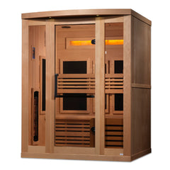 Golden Designs Inc. GDI-8230-01 Reserve Edition 3-person near zero EMF full spectrum sauna with Himalayan Salt Bar, front view.
