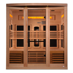 Golden Designs Inc. Reserve Edition 6-person near zero EMF full spectrum sauna with Himalayan Salt Bar, showcasing the spacious interior.