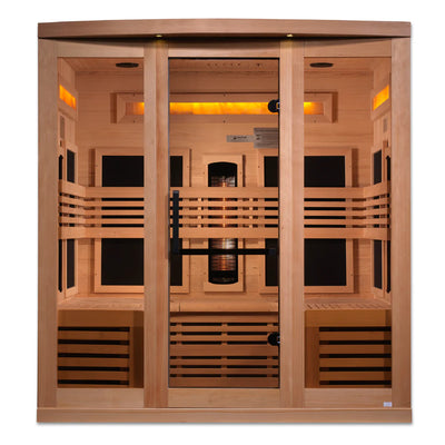 Golden Designs Inc. Reserve Edition 6-person near zero EMF full spectrum sauna with Himalayan Salt Bar, showcasing the spacious interior.