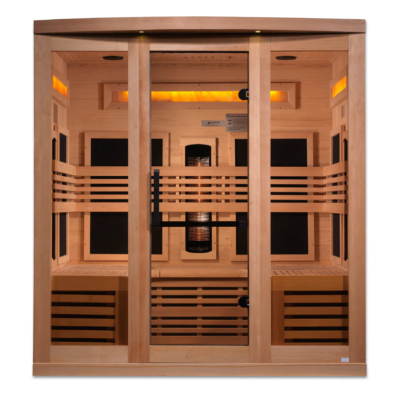 Golden Designs Inc. Reserve Edition 6-person near zero EMF full spectrum sauna with Himalayan Salt Bar, showcasing the spacious interior.