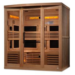 Golden Designs Inc. Reserve Edition 6-person near zero EMF full spectrum sauna with Himalayan salt bar, showcasing interior and full view.