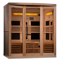Golden Designs Inc. Reserve Edition 6-person near zero EMF full spectrum sauna with Himalayan Salt Bar, showcasing the sauna interior.
