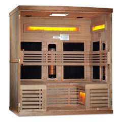Golden Designs Inc. Reserve Edition 6-person near zero EMF full spectrum sauna with Himalayan salt bar, shown with interior features.