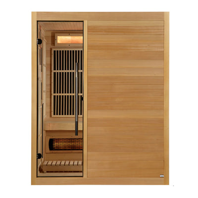 Golden Designs Inc. Soria 3-person indoor sauna with full spectrum lighting and Harvia traditional stove, featuring wooden benches and interior.
