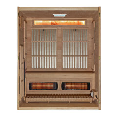 Three-person indoor hybrid sauna with full spectrum lighting and Harvia traditional stove by Golden Designs Inc.