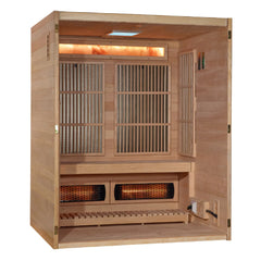 Golden Designs Toledo 6-person hybrid indoor sauna with full spectrum lighting and traditional Harvia stove, featuring wood interior and glass door.