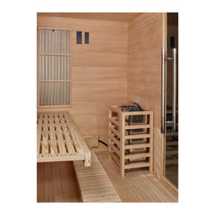 Indoor 3-person hybrid sauna with full spectrum lighting and Harvia traditional stove by Golden Designs Inc.