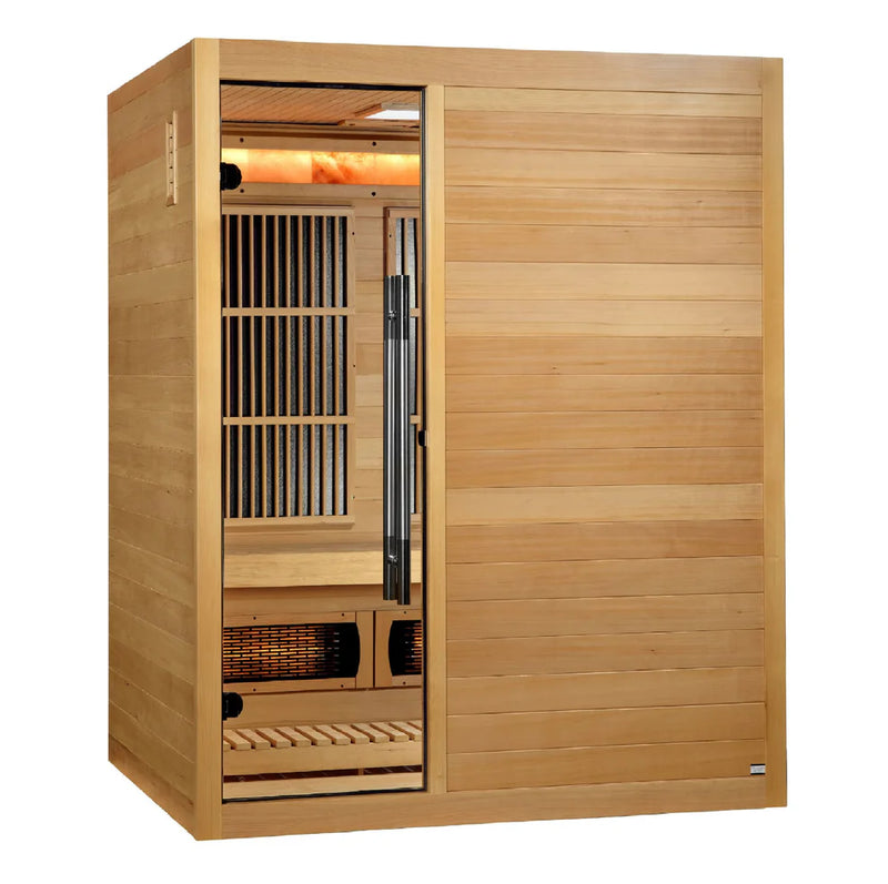 Golden Designs 2025 Toledo 6-person indoor hybrid sauna with full spectrum lighting and traditional Harvia stove, modern and spacious.