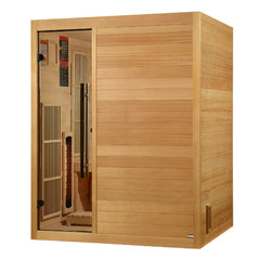 Three-person indoor Golden Designs Inc. Soria 2025 hybrid sauna with full spectrum lighting and Harvia traditional stove.
