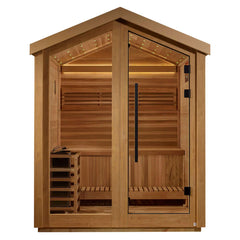Golden Designs Savonlinna 3-person red cedar outdoor sauna with Harvia electric heater kit, showcasing the wooden interior and heater.