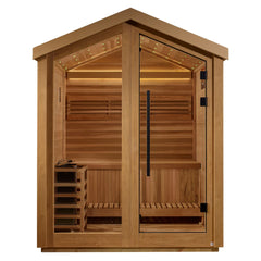 Golden Designs Savonlinna 3-person outdoor traditional sauna with wooden exterior and glass door, set in a natural outdoor setting