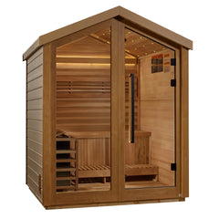 Golden Designs Savonlinna 3-person traditional outdoor sauna with wooden exterior and glass door, set in a natural outdoor setting.