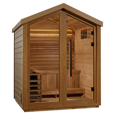 Golden Designs Savonlinna 3-person traditional outdoor sauna with wooden exterior and glass door, set in a natural outdoor setting.