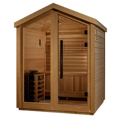 Golden Designs Savonlinna 3-person cedar outdoor sauna with Harvia electric heater kit, featuring a red cedar interior.