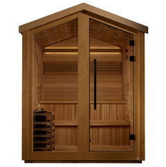 Golden Designs Kaarina 6-person outdoor cedar sauna with Harvia electric heater, featuring red cedar wood interior.