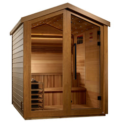 Golden Designs Kaarina 6-person barn-style outdoor traditional sauna with wooden exterior and large glass door.