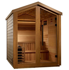 Golden Designs Kaarina 6-person outdoor cedar sauna with Harvia electric heater, showing the sauna interior and heater components.