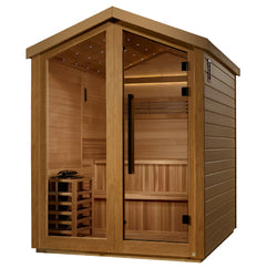 Golden Designs Kaarina 6-person traditional outdoor barn sauna with wooden interior and exterior, ideal for relaxing outdoor wellness.
