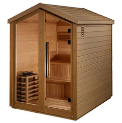 Golden Designs Kaarina 6-person red cedar outdoor sauna with Harvia electric heater, showcasing the wooden interior and sauna door.