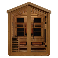 Golden Designs Loviisa 3-person outdoor sauna with traditional stove and full spectrum infrared options, made of natural wood.