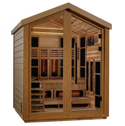 Golden Designs Loviisa 3-person barn hybrid outdoor sauna with wood exterior and large glass door, featuring traditional and infrared heating options.