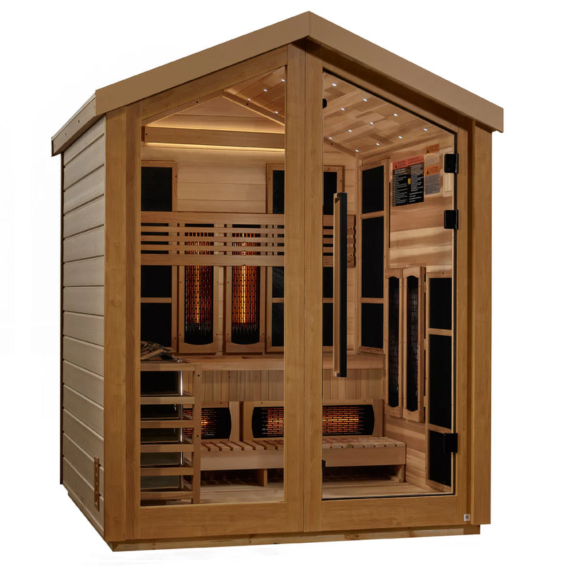 Golden Designs Loviisa 3-person barn hybrid outdoor sauna with wood exterior and large glass door, featuring traditional and infrared heating options.