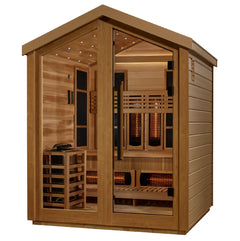 Golden Designs Loviisa 3-person barn hybrid outdoor sauna with traditional stove or full spectrum infrared, wooden exterior and glass door
