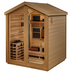 Golden Designs Loviisa 3-person outdoor sauna with traditional stove and full spectrum infrared options, featuring wood siding and glass door.