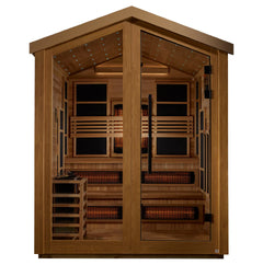 Golden Designs Kaskinen 6-person outdoor sauna with hybrid stove, featuring a modern wooden exterior and large glass door.