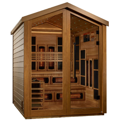 Golden Designs Kaskinen 6-Person outdoor sauna with traditional stove and full spectrum IR in a natural wooden exterior.