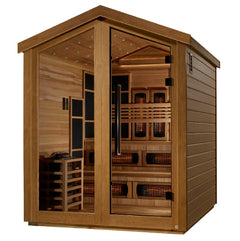 Golden Designs Kaskinen 6-person outdoor sauna with traditional or infrared stove, showcasing the wooden exterior and glass door.