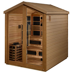 Golden Designs Kaskinen 6-person outdoor sauna with traditional stove and PureTech™ IR, featuring natural wood interior and exterior.