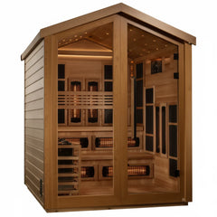 Golden Designs Kaskinen 6-person outdoor sauna with full spectrum IR stove, showcasing the wooden exterior and glass door.