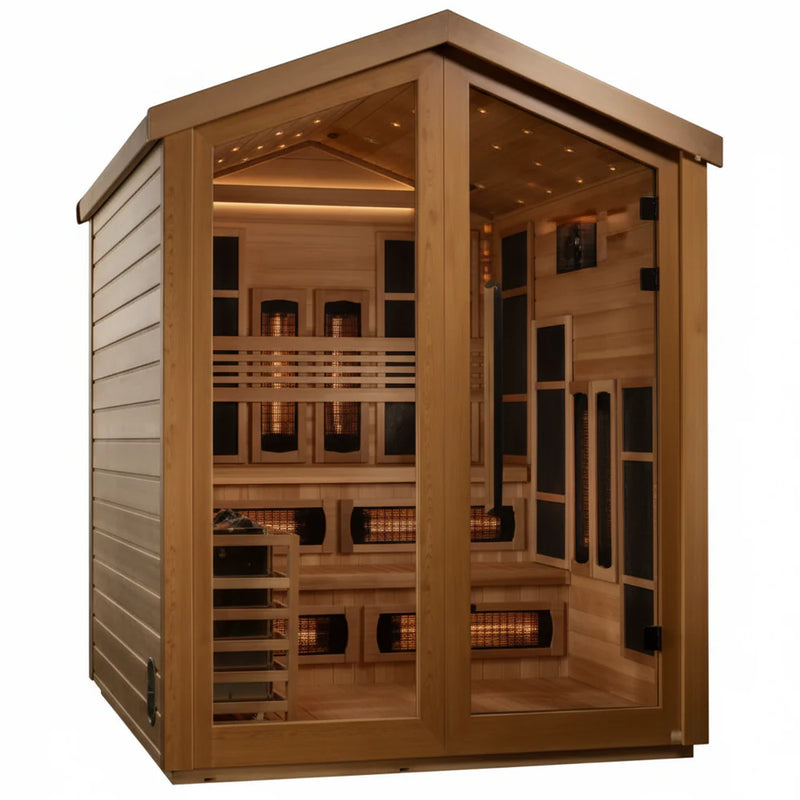 Golden Designs Kaskinen 6-person outdoor sauna with full spectrum IR stove, showcasing the wooden exterior and glass door.