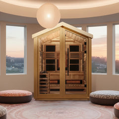 Golden Designs Kaskinen 6-person outdoor sauna with traditional stove and full spectrum IR, featuring wooden interior and exterior.