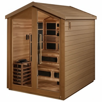 Golden Designs St. Moritz 2-person barrel sauna with wooden interior and glass door, showcasing traditional sauna design.