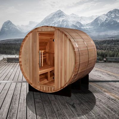 Golden Designs Arosa 4-person barrel sauna by Golden Designs Inc. showcasing the wooden exterior and compact design.